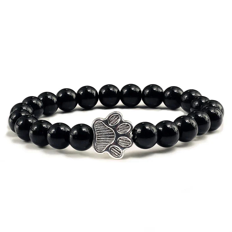 Natural Stone Bracelet with Animal Paw Pendant – Elastic Bead Bracelet for Men and Women